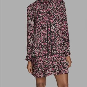 BCBG Pink Floral Tie-Neck Long Sleeve Mini Dress on Black